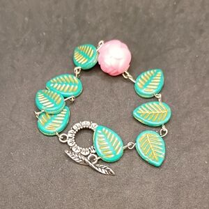 Leaf Charm Bracelet with Pink Rose Accent Bead